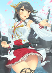 Rule 34 | 1girl, absurdres, bad id, bad pixiv id, bare shoulders, black hair, blue sky, boots, brown eyes, cherry blossoms, cloud, commentary request, cowboy shot, day, detached sleeves, hair ornament, hairband, hairclip, haruna (kancolle), headgear, highres, kantai collection, long hair, machinery, md5 mismatch, osananajimi neko, outdoors, panties, pantyshot, petals, pleated skirt, red skirt, resolution mismatch, ribbon-trimmed sleeves, ribbon trim, skirt, sky, solo, standing, striped clothes, striped panties, thigh boots, thighhighs, underwear, white panties, wide sleeves