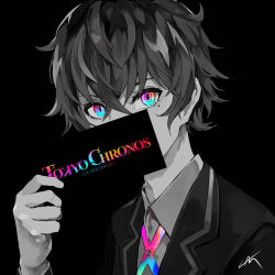 Rule 34 | 1boy, black background, blue eyes, character request, collared shirt, copyright name, covering own mouth, hair behind ear, hair between eyes, highres, holding, lam (ramdayo), limited palette, looking at viewer, male focus, mole, mole under eye, multicolored eyes, pink eyes, shirt, signature, tokyo chronos