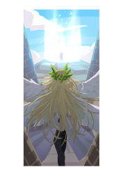 Rule 34 | 1girl, 1other, black thighhighs, blonde hair, blue sky, border, cloud, column, commentary request, feet out of frame, laurel crown, long hair, multiple wings, pillar, ragnarok online, sky, thighhighs, valkyrie, valkyrie (ragnarok online), white border, wings, zhi xie