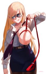 Rule 34 | 1girl, :q, backlighting, blonde hair, blouse, blush, breast leash, breasts, brown pantyhose, collared shirt, highres, kawaikochan, large breasts, leash, long hair, long sleeves, looking at viewer, nipples, one breast out, original, pantyhose, pencil skirt, pulling, shirt, simple background, skirt, smile, solo, sunglasses, tinted eyewear, tongue, tongue out, unbuttoned, veins, veiny breasts, white background, white shirt