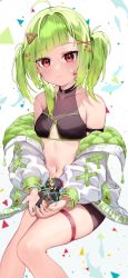 Rule 34 | 1girl, :3, absurdres, ahoge, arm strap, bare shoulders, black shirt, black shorts, breasts, clothing cutout, collarbone, crop top, delruki, delutaya, green hair, highres, hoshi usagi, jacket, long hair, long sleeves, looking at viewer, microphone, midriff, navel, off shoulder, open clothes, open jacket, puffy sleeves, red eyes, revealing clothes, shirt, short shorts, shorts, sitting, skindentation, sleeveless, sleeveless shirt, small breasts, solo, stomach, thigh strap, thighs, twintails, underboob cutout, virtual youtuber, white jacket