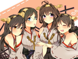 Rule 34 | 10s, 4girls, bare shoulders, blue eyes, blush, breasts, brown eyes, brown hair, detached sleeves, double bun, closed eyes, glasses, hair ornament, hairband, haruna (kancolle), headgear, hiei (kancolle), japanese clothes, kantai collection, kirishima (kancolle), knight07, kongou (kancolle), long hair, multiple girls, nontraditional miko, open mouth, personification, short hair, skirt, smile, yellow eyes