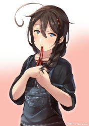 Rule 34 | 1girl, ahoge, alternate costume, bad id, bad pixiv id, black hair, black shirt, blue eyes, braid, braiding hair, commentary request, gradient background, hair flaps, hair over shoulder, hairdressing, juurouta, kantai collection, mouth hold, overalls, pink background, ribbon, shigure (kancolle), shigure kai ni (kancolle), shirt, single braid, solo, tying hair, upper body