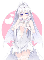 Rule 34 | 1girl, :d, azur lane, bare shoulders, blush, breasts, bridal veil, center opening, cleavage, covered navel, cowboy shot, dress, elbow gloves, garter straps, gloves, heart, heart-shaped boob challenge, highres, illustrious (azur lane), illustrious (morning star of love and hope) (azur lane), looking at viewer, medium breasts, mole, mole under eye, open mouth, short hair with long locks, sidelocks, silver hair, sleeveless, sleeveless dress, smile, solo, standing, thighhighs, tiara, tomosuke, two-tone background, veil, wedding dress, white dress, white gloves, white thighhighs, zettai ryouiki