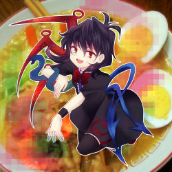 Rule 34 | 1girl, asymmetrical wings, bad id, bad pixiv id, black hair, black thighhighs, bowl, female focus, food, houjuu nue, noodles, open mouth, red eyes, short hair, short sleeves, smile, soba, solo, thighhighs, touhou, uranaishi (miraura), wings