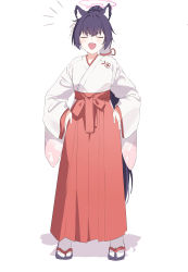 Rule 34 | 1girl, absurdres, animal ear fluff, animal ears, black hair, blue archive, closed eyes, full body, hakama, halo, hands on own hips, highres, japanese clothes, long hair, miko, notice lines, official alternate costume, open mouth, petal print, red hakama, sandals, serika (blue archive), serika (new year) (blue archive), simple background, solo, white background, white legwear, wide sleeves, zapik