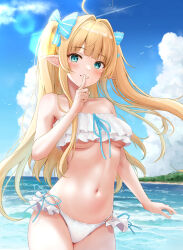 Rule 34 | 1girl, absurdres, ahoge, aqua eyes, azur lane, bare shoulders, beach, bikini, blonde hair, bow, breasts, ca paria, centaur (azur lane), centaur (beachside undine) (azur lane), cloud, collarbone, commentary request, cowboy shot, day, finger to mouth, frilled bikini, frilled bow, frills, hair bow, hair intakes, highres, index finger raised, long hair, looking at viewer, medium breasts, navel, ocean, official alternate costume, outdoors, pointy ears, revision, shushing, smile, solo, stomach, swimsuit, twintails, underboob, white bikini