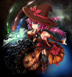 Rule 34 | 1girl, bad id, bad pixiv id, blue eyes, detached sleeves, finger to mouth, garter belt, garter straps, halloween, hat, jack-o&#039;-lantern, long hair, looking up, original, pirano, pumpkin, purple hair, smile, solo, star (symbol), thighhighs, witch, witch hat