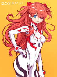 Rule 34 | 1girl, blue eyes, bodysuit, boyaking, breasts, brown hair, dated, evangelion: 3.0+1.0 thrice upon a time, eyepatch, hair ornament, hand on own hip, highres, lips, long hair, looking at viewer, neon genesis evangelion, pilot suit, plugsuit, rebuild of evangelion, shiny clothes, skin tight, smile, solo, souryuu asuka langley, two side up, very long hair, white bodysuit, wide hips, yellow background