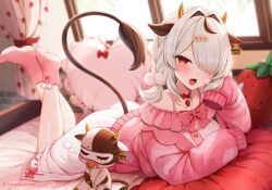 Rule 34 | 1girl, animal ears, ass, blush, bow, bowtie, cow ears, cow girl, cow horns, cow tail, ear tag, fang, flower, grey hair, hair flower, hair intakes, hair ornament, hair over one eye, heart, horns, indie virtual youtuber, indoors, legs up, long sleeves, looking at viewer, lying, marota, marota (character), medium hair, no shoes, on bed, on stomach, open mouth, pajamas, pink socks, red bow, red bowtie, red eyes, skin fang, sleeves past fingers, sleeves past wrists, smile, socks, solo, tail, twitter username, virtual youtuber, window