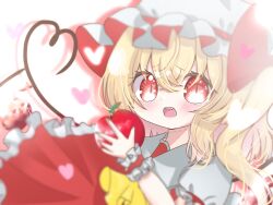 Rule 34 | 1girl, apple, ascot, blonde hair, collared shirt, flandre day, flandre scarlet, food, frilled shirt collar, frilled skirt, frilled sleeves, frills, fruit, furrowed brow, hat, heart, heart of string, highres, holding, holding food, holding fruit, knees up, looking at viewer, mob cap, one side up, open mouth, puffy short sleeves, puffy sleeves, red eyes, red skirt, sarara lala, shirt, short hair, short sleeves, skirt, skirt set, slit pupils, solo, teeth, touhou, upper teeth only, white hat, white shirt, wrist cuffs, yellow ascot