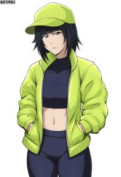 Rule 34 | 1girl, black hair, bleach, blue eyes, blush, breasts, closed mouth, hands in pockets, hat, highres, jacket, looking at viewer, midriff, mistowing, navel, short hair, simple background, small breasts, solo, sui-feng, white background