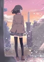 Rule 34 | 1girl, absurdres, black hair, black thighhighs, blurry, blurry background, commission, facing away, flower, headphones, headphones around neck, highres, holding, holding flower, jacket, looking to the side, matsuda hikari, medium hair, original, outdoors, pixiv commission, ruins, solo, thighhighs