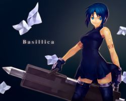Rule 34 | 00s, 1girl, bad id, bad pixiv id, bare shoulders, blue eyes, blue hair, ciel (tsukihime), gloves, huge weapon, matching hair/eyes, nfb-zmc, pile bunker, powered ciel, seventh holy scripture, short hair, solo, tattoo, thighhighs, tsukihime, weapon, zettai ryouiki