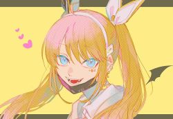 Rule 34 | 1girl, black ribbon, blonde hair, character name, collared shirt, ear piercing, fangs, grey hoodie, hair behind ear, hair ribbon, hairband, heart, hood, hoodie, mask, mouth mask, multiple piercings, nijisanji, nijisanji id, piercing, ribbon, shirt, smile, solo, sozoma, twintails, upper body, vampire (vocaloid), virtual youtuber, vocaloid, white hairband, white ribbon, white shirt, zea cornelia