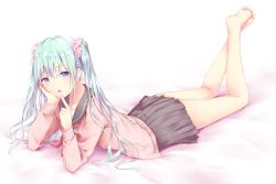 Rule 34 | 1girl, barefoot, blue eyes, finger to mouth, full body, green hair, hatsune miku, long hair, looking at viewer, lying, on stomach, open mouth, pleated skirt, school uniform, scrunchie, serafuku, skirt, solo, twintails, vocaloid, white background, yuki (sangeki5806)