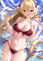 1girl animal animal_ears animal_on_shoulder beach bikini bird blonde_hair blue_sky blurry breasts cat cat_on_shoulder cleavage cloud cowboy_shot day depth_of_field front-tie_bikini_top front-tie_top highres horizon kogarashi_tobi large_breasts long_hair looking_at_viewer nail_polish ocean original outdoors plaid_bikini plaid_clothes red_bikini red_eyes red_nails seagull side-tie_bikini_bottom sky swimsuit thigh_gap w_arms