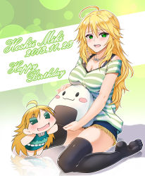 Rule 34 | 1girl, 2013, afuu, ahoge, blonde hair, blush, breasts, character name, chibi, cleavage, dated, dual persona, food, green eyes, happy birthday, highres, hoshii miki, idolmaster, idolmaster (classic), large breasts, long hair, looking at viewer, onigiri, open mouth, puchimasu!, puyocha, sitting, skirt, smile, solo, stuffed toy, thighhighs, wariza