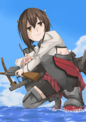 Rule 34 | 10s, 1girl, 3:, 3:&lt;, bad id, bad pixiv id, bike shorts, boots, bow (weapon), brown eyes, brown hair, crossbow, dutch angle, headband, headgear, kantai collection, machinery, military, military uniform, pinta (ayashii bochi), pleated skirt, red skirt, short hair, skirt, solo, squatting, taihou (kancolle), thigh boots, thighhighs, uniform, v-shaped eyebrows, weapon