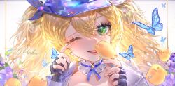 Rule 34 | 1girl, absurdres, artist name, black gloves, blonde hair, blue butterfly, bug, butterfly, character name, choker, collar, commentary, detached collar, dokibird (vtuber), english commentary, fingerless gloves, frilled collar, frills, gloves, green eyes, hair between eyes, hair ribbon, happy tears, highres, indie virtual youtuber, insect, long hair, looking at viewer, one eye closed, portrait, purple choker, purple headwear, purple ribbon, ribbon, ribbon choker, simple background, smile, solo, tears, teeth, usagi aya (artist), virtual youtuber, watermark, white background, yellow bird