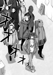 Rule 34 | 1girl, 6+others, collarbone, comic, earrings, eyewear on head, from above, greyscale, hands in pockets, hatsune miku, highres, hood, hoodie, horns, instrument case, jacket, jewelry, mask, monochrome, monochrome, multiple others, nejikyuu, pants, road, skull mask, spaghetti strap, street, suna no wakusei (vocaloid), twintails, vocaloid, walking