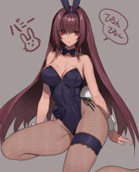 Rule 34 | 1girl, animal ears, bare shoulders, bow, bowtie, breasts, cleavage, collarbone, commentary, detached collar, fake animal ears, fate/grand order, fate (series), grey background, hair between eyes, highres, leotard, looking at viewer, medium breasts, none (kameko227), official alternate costume, pantyhose, playboy bunny, purple hair, rabbit ears, red eyes, scathach (fate), scathach (piercing bunny) (fate), simple background, sitting, sleeveless, solo, speech bubble, strapless, strapless leotard, translated, wrist cuffs