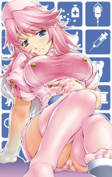 Rule 34 | 1girl, arm support, belt, blue eyes, blush, breasts, cameltoe, gloves, hair ornament, hairclip, hat, heart, jon shicchiou, large breasts, long hair, media (quiz magic academy), nurse, nurse cap, open mouth, panties, pantyshot, pink hair, pink panties, pink thighhighs, pointy ears, quiz magic academy, sandals, shirt, sitch oh, sitting, skirt, solo, sweat, syringe, taut clothes, taut shirt, thighhighs, underwear, upskirt, wavy hair