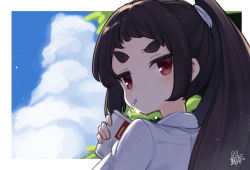 Rule 34 | 1girl, black hair, blush, collared shirt, commentary request, cup, day, disposable cup, drinking, drinking straw, from behind, hand up, holding, holding cup, kuranami shiki, long hair, looking at viewer, looking back, mcdonald&#039;s, natsuki teru, original, ponytail, red eyes, shirt, short eyebrows, signature, solo, sweat, thick eyebrows, v-shaped eyebrows, white shirt
