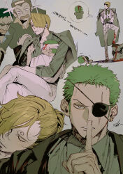 Rule 34 | 4boys, absurdres, aged down, alternate costume, alternate hairstyle, bandaged head, bandages, blonde hair, blood, blood on face, clothes tug, collage, comparison, curly eyebrows, eyepatch, facial hair, finger to mouth, goatee, green hair, hair over one eye, highres, johnny (one piece), male focus, marimo zoro, multiple boys, myshi fen kai du de, one piece, roronoa zoro, sanji (one piece), scar, scar across eye, serious, short hair, shushing, sparkling aura, yosaku (one piece)