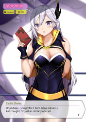 Rule 34 | 1girl, arm behind back, arm up, bare shoulders, belt, blurry, blurry background, blush, breasts, cecilia schariac, cleavage, collarbone, dress, earrings, english text, eyebrows hidden by hair, fingerless gloves, gift, gloves, hair between eyes, hair ornament, highres, holding, holding gift, honkai (series), honkai impact 3rd, jewelry, long hair, looking at viewer, medium breasts, open mouth, purple eyes, purple vest, sheita, sidelocks, silver hair, sleeveless, sleeveless dress, solo, strapless, strapless dress, swept bangs, user interface, vest
