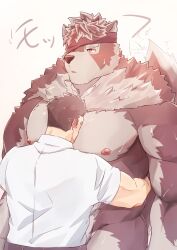 Rule 34 | 2boys, animal ears, bara, between pecs, between pectorals, blush, chest hair, clothed male nude male, cowboy shot, face to pecs, furry, furry male, furry with non-furry, grey fur, head between pecs, headband, headband over one eye, highres, huge pectorals, interspecies, male focus, multiple boys, muscular, muscular male, nipples, nude, pectorals, poteto02888292, protagonist 3 (housamo), short hair, size difference, standing, sweatdrop, tokyo houkago summoners, translation request, volkh vseslav, wolf boy, wolf ears, yaoi