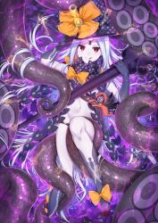 Rule 34 | 1girl, abigail williams (fate), abigail williams (third ascension) (fate), akirannu, black bow, black hat, bow, colored skin, fate/grand order, fate (series), hat, highres, key, keyhole, legs, licking lips, long hair, looking at viewer, navel, orange bow, parted bangs, polka dot, polka dot bow, red eyes, smile, solo, staff, stuffed animal, stuffed toy, suction cups, tentacles, thighs, tongue, tongue out, very long hair, white hair, white skin, witch hat