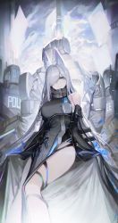 Rule 34 | 1girl, animal ear fluff, animal ears, bare shoulders, breasts, chyan, commentary, forehead, grey hair, hair over one eye, highres, id card, large breasts, long hair, looking at viewer, multicolored eyes, numbered, original, parted bangs, parted lips, robot, side slit, solo, symbol-only commentary, thighs