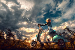 Rule 34 | 1girl, artist name, bird, blonde hair, cloud, cloudy sky, commentary, cropped jacket, day, miniskirt, motor vehicle, original, outdoors, pleated skirt, scooter, short hair, skirt, sky, solo, watermark, web address, yuumei
