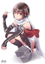 Rule 34 | 1girl, alternate hairstyle, artist name, asymmetrical legwear, boots, breasts, brown eyes, brown hair, elbow gloves, fingerless gloves, gloves, hair between eyes, hair ornament, holding, holding own hair, kantai collection, knee boots, morigami (morigami no yashiro), neckerchief, scarf, school uniform, sendai (kancolle), sendai kai ni (kancolle), serafuku, shirt, short hair, sidelocks, simple background, sleeveless, sleeveless shirt, small breasts, solo, squatting, uneven legwear, white background, white scarf