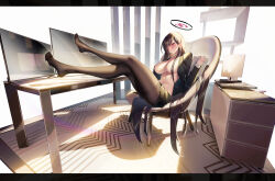Rule 34 | 1girl, absurdres, black hair, black jacket, black pantyhose, black skirt, blue archive, blush, book, breasts, brown pantyhose, business suit, chair, cleavage, closed mouth, crossed legs, desk, desk lamp, feet, formal, hair behind ear, hair over breasts, halo, high heels, highres, indoors, jacket, lamp, large breasts, leaning back, legs, legs up, long hair, long sleeves, looking at viewer, miniskirt, nipples, no bra, no shirt, no shoes, office chair, on chair, open clothes, open jacket, open shirt, pantyhose, pleated skirt, red eyes, rio (blue archive), shirt, shoes, sitting, skirt, smile, soles, solo, straight hair, suit, sunlight, swivel chair, table, thighs, toes, undressing, very long hair, window, yeyoutiangong