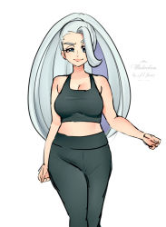 Rule 34 | 1girl, alternate costume, bare arms, black leggings, black shirt, blue eyes, breasts, cleavage, commentary request, creatures (company), echizen (n fns17), game freak, hair over one eye, half-closed eye, highres, leggings, long hair, looking at viewer, mature female, melony (pokemon), multicolored hair, nintendo, pokemon, pokemon swsh, shirt, sleeveless, sleeveless shirt, smile, solo, streaked hair, watermark