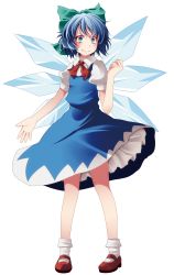 Rule 34 | 1girl, bad id, bad pixiv id, blue dress, blue eyes, blue hair, bow, cirno, dress, female focus, full body, hair bow, highres, ice, ice wings, mary janes, matching hair/eyes, pink eyes, shirt, shoes, short sleeves, simple background, smile, solo, touhou, transparent background, tsukishiro saika, white background, wings