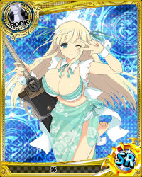 Rule 34 | 1girl, adapted costume, aqua bikini, aqua eyes, barefoot, bikini, blonde hair, breasts, card (medium), character name, chess piece, cleavage, closed mouth, greatsword, hair ornament, hairclip, high school dxd, holding, holding sword, holding weapon, large breasts, long hair, looking at viewer, official art, one eye closed, rook (chess), sarong, see-through, senran kagura, smile, solo, source request, swimsuit, sword, trading card, v, very long hair, weapon, yomi (senran kagura)