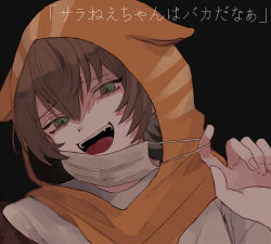 Rule 34 | 1boy, animal costume, animal hood, brown hair, cat costume, cat hood, commentary request, fangs, green eyes, hood, ibushi gin, kimi ga shine, looking at viewer, male focus, mouth mask, open mouth, short hair, simple background, smile, surgical mask, waai