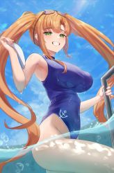 Rule 34 | 1girl, absurdres, armpits, bad link, blue one-piece swimsuit, breasts, competition swimsuit, green eyes, grin, highres, large breasts, last origin, light brown hair, long hair, looking at viewer, nereid (last origin), one-piece swimsuit, pool, shou ienaga, smile, solo, swimsuit, thighs, twintails