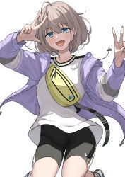 Rule 34 | 1girl, absurdres, bike shorts, black shorts, blue eyes, blush, commentary, double v, drawstring, flat chest, grey hair, groin, hair between eyes, hands up, highres, idolmaster, idolmaster shiny colors, jacket, jumping, long sleeves, looking at viewer, open clothes, open jacket, open mouth, purple jacket, serizawa asahi, shirt, short hair, shorts, smile, solo, take978733141, thighs, v, white background, white footwear, white shirt