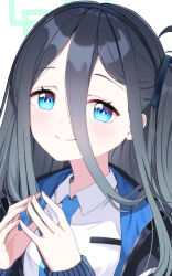 Rule 34 | 1girl, absurdly long hair, absurdres, aris (blue archive), black hair, blue archive, blue eyes, blue necktie, blush, closed mouth, collared shirt, fingernails, green halo, halo, highres, jacket, long hair, long sleeves, looking at viewer, necktie, one side up, open clothes, open jacket, ringed eyes, shirt, simple background, smile, solo, upper body, ushiroki, very long hair, white background, white jacket, white shirt
