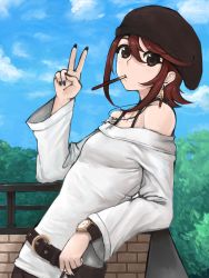 Rule 34 | 1girl, bare shoulders, belt, black hat, day, earrings, fingernails, food, freckles, hat, highres, jewelry, leaning, long fingernails, looking at viewer, madarame, necklace, original, outdoors, pocky, solo, sweater, v, watch, white sweater