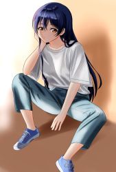 Rule 34 | 1girl, artist name, artist request, blue footwear, blue hair, blue pants, blush, breasts, brown eyes, collarbone, cross-laced footwear, elbow on knee, female focus, full body, hair between eyes, hair over shoulder, hand on own cheek, hand on own face, highres, knee up, long hair, looking at viewer, love live!, love live! school idol project, pants, parted lips, shirt, shoes, short sleeves, sitting, smile, sneakers, solo, sonoda umi, white shirt, yellow eyes