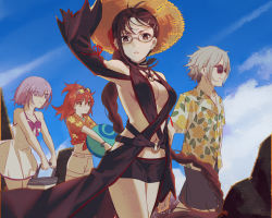 Rule 34 | 1boy, 3girls, alternate costume, ball, bare shoulders, black one-piece swimsuit, braid, braided ponytail, breasts, brown eyes, brown hair, cleavage, closed mouth, cloud, csyday, day, ear piercing, eyewear on head, fate/grand order, fate (series), floral print, flower, fujimaru ritsuka (female), fujimaru ritsuka (female) (tropical summer), glasses, hair between eyes, hat, heroic spirit festival outfit, holding, holding ball, long hair, looking at another, looking at viewer, mash kyrielight, mash kyrielight (swimsuit of perpetual summer), medium breasts, multiple girls, o-ring, o-ring swimsuit, official alternate costume, one-piece swimsuit, open mouth, orange hair, orange shirt, piercing, pink hair, prince of lan ling (fate), purple eyes, ribbon, shirt, short hair, short shorts, shorts, single braid, sky, smile, straw hat, sun hat, sunglasses, swimsuit, tropical summer (fate), white hair, white shirt, yellow eyes, yellow flower, yu mei-ren (fate), yu mei-ren (festival outfit) (fate)