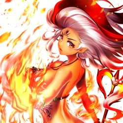 Rule 34 | 1girl, bare shoulders, breasts, dark-skinned female, dark skin, destiny child, facial mark, female focus, fire, forehead mark, hestia (destiny child), highres, kurowana, long hair, looking at viewer, looking back, multicolored hair, pointy ears, red eyes, red hair, solo, white hair
