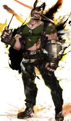 Rule 34 | 1boy, animal ears, artist request, bara, beard, black hair, blood, camouflage, camouflage pants, chest harness, cigar, covered erect nipples, cuts, cyphers, damian doyle (cyphers), dark-skinned male, dark skin, dog tags, facial hair, full body, green shirt, gun, harness, highres, holding, injury, kemonomimi mode, large hands, large pectorals, looking to the side, male focus, mature male, midriff peek, mohawk, muscular, muscular male, pants, pectorals, rabbit ears, shirt, shoes, short hair, smoke, smoking, solo, tight clothes, tight shirt, torn clothes, torn shirt, transparent background, underbust, weapon