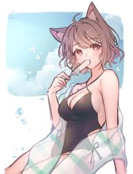 Rule 34 | 1girl, animal ear fluff, animal ears, black one-piece swimsuit, breasts, brown hair, bubble, cat ears, cleavage, commentary, english commentary, food, fortissimo, hair ornament, holding, holding food, kemonomimi mode, medium breasts, miori celesta, musical note, musical note hair ornament, one-piece swimsuit, ozzingo, pink eyes, popsicle, second-party source, short hair, sitting, solo, swimsuit, treble clef, tsunderia, virtual youtuber