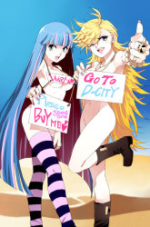Rule 34 | 10s, 2girls, armpits, blonde hair, blue eyes, breasts, censored, convenient censoring, convenient leg, covering privates, english text, hitchhiking, holding, holding sign, jewelry, long hair, multicolored hair, multiple girls, nail polish, navel, nude, nude cover, one eye closed, panty &amp; stocking with garterbelt, panty (psg), pink nails, pinki (shounenkakuseiya), purple nails, ring, siblings, sign, sisters, small breasts, stocking (psg), striped clothes, striped legwear, striped thighhighs, thighhighs, thumbs up, two-tone hair, underboob, wink